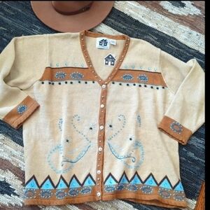 Vtg Storybook knit southwestern cowgirl turquoise beaded tan cardigan NWT Sz 3X